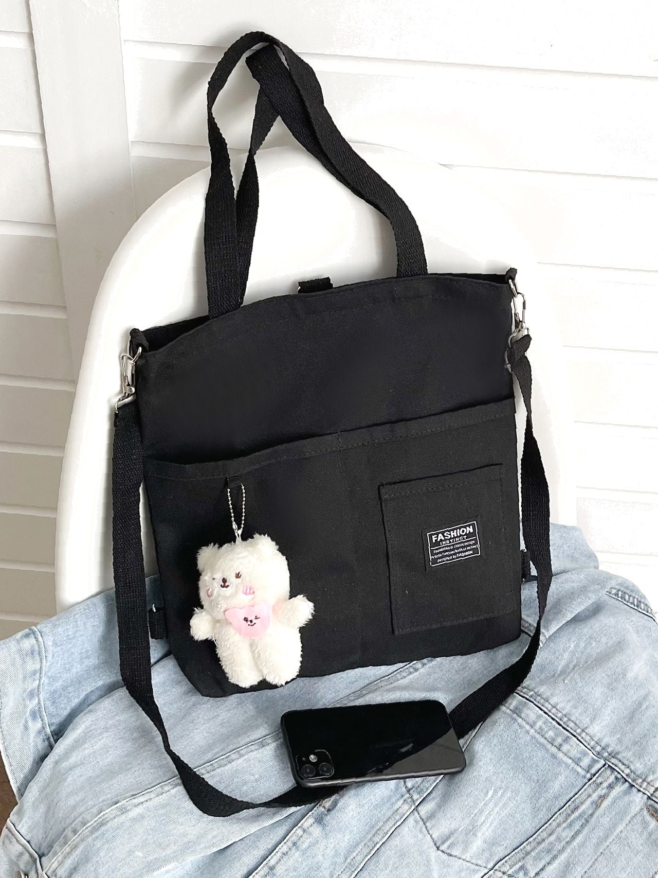 Maxct - Letter Graphic Shopper Bag with Bag Charm  - Women Tote Bags