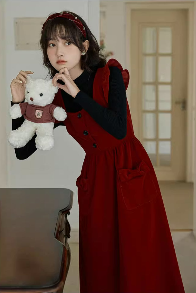 Velvet Frilly Bow Pinafore Dress Maxct