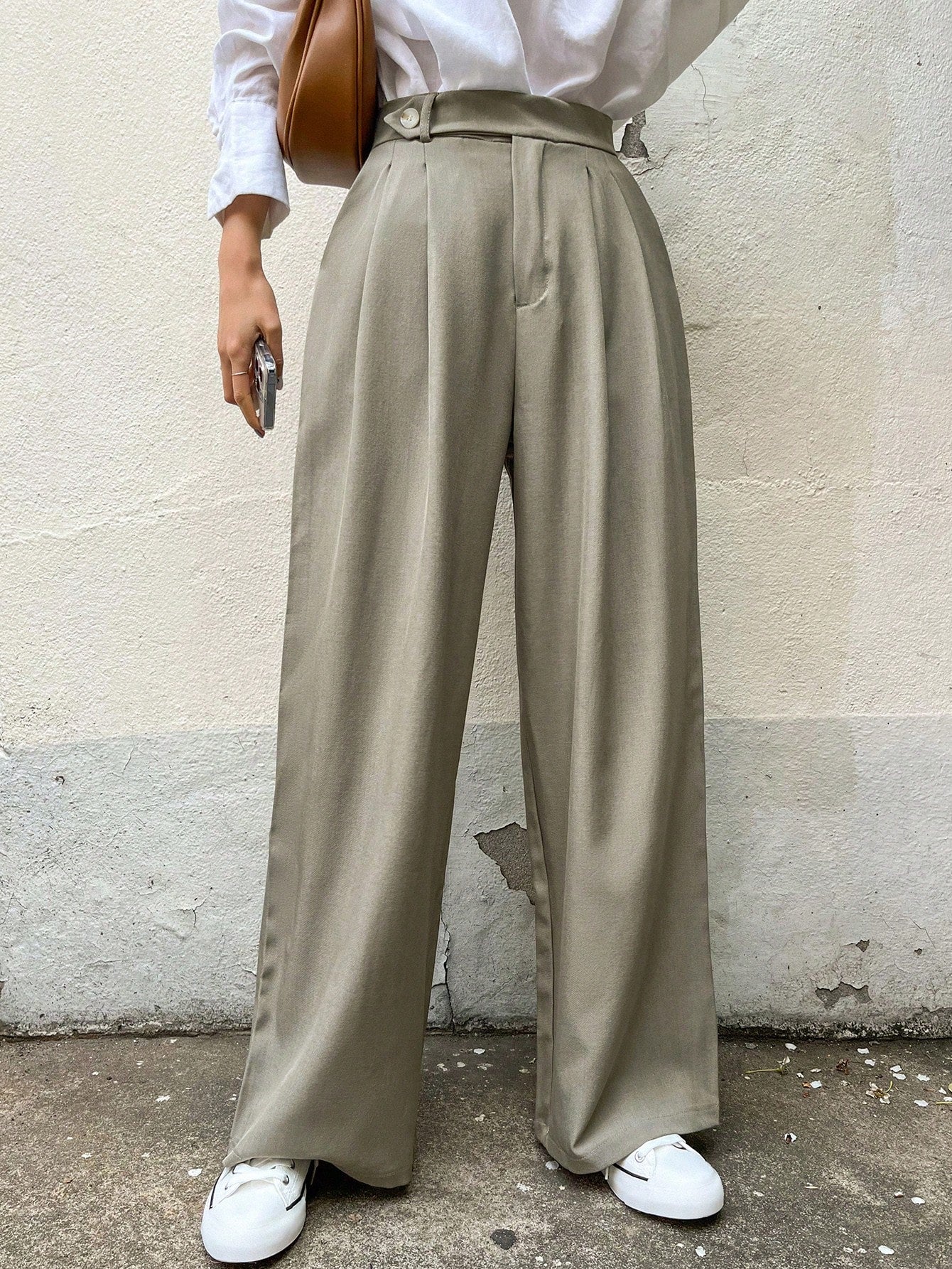 Maxct Women Solid Color Pleated Loose Wide-Leg Suit Pants