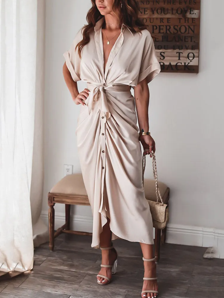 Satin Pleated Bandage Shirt Dress Maxct