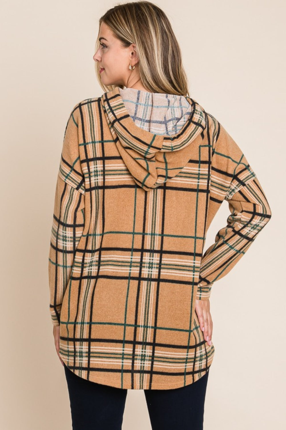 Maxct &BOMBOM Drawstring Plaid Long Sleeve Hoodie