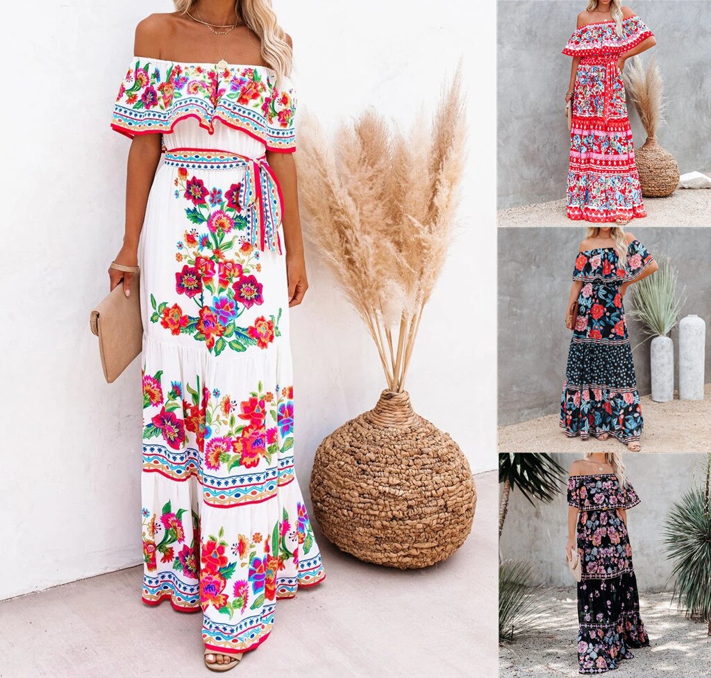 Maxct Printed Vintage Long Dresses For Women Sexy Off-Shoulder Ruffle Fashion Boho Party Maxi Dress Ladies Beach Sundress 9967