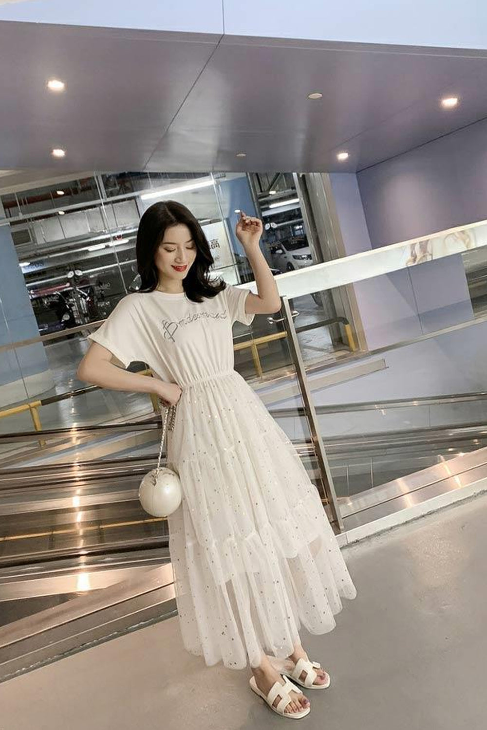 Loose O-Neck Casual Mesh Sequined Dress Maxct
