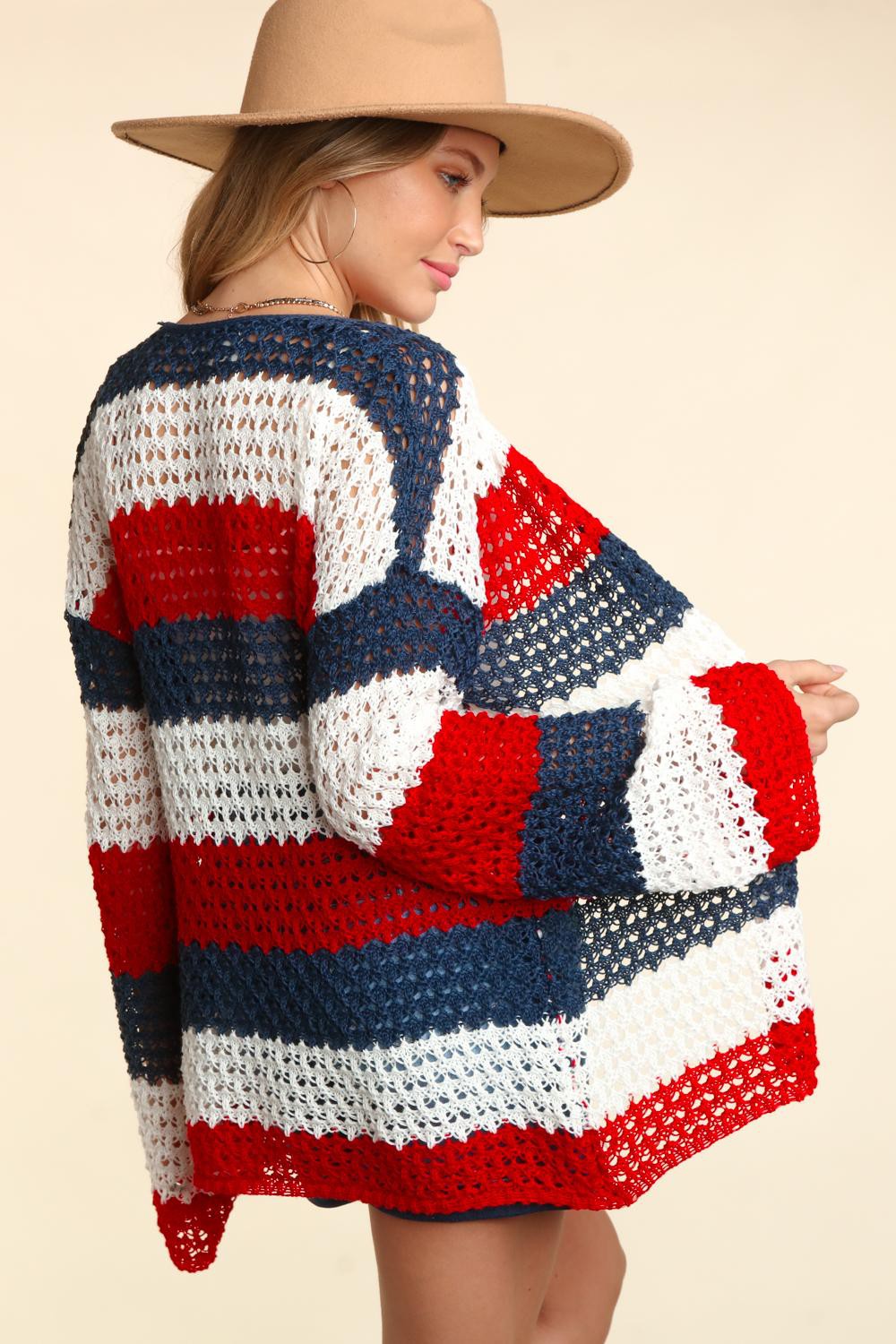 Maxct &Haptics Full Size Open Front Long Sleeve Stripe Cardigan