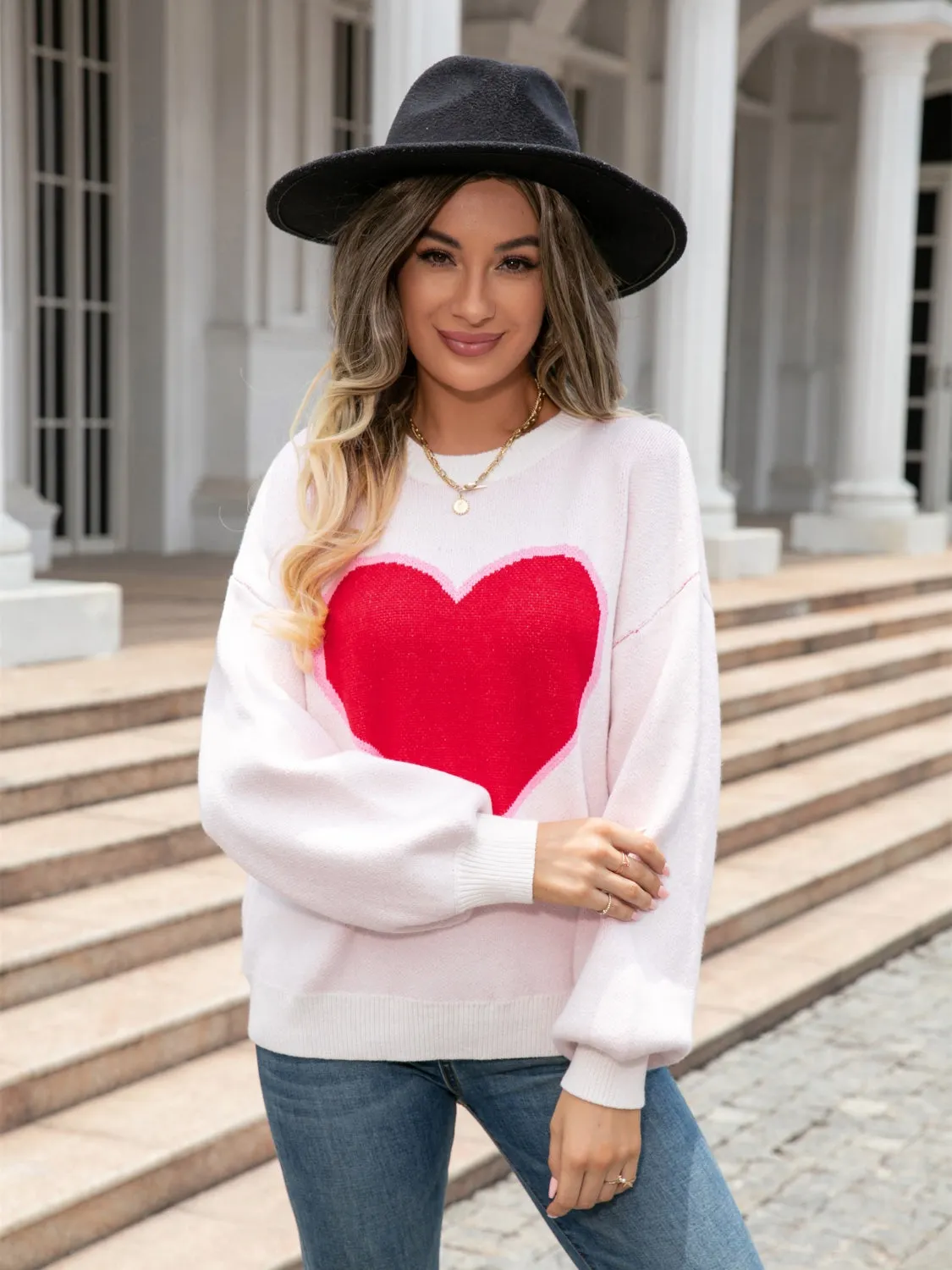 Maxct &Heart Graphic Round Neck Sweater