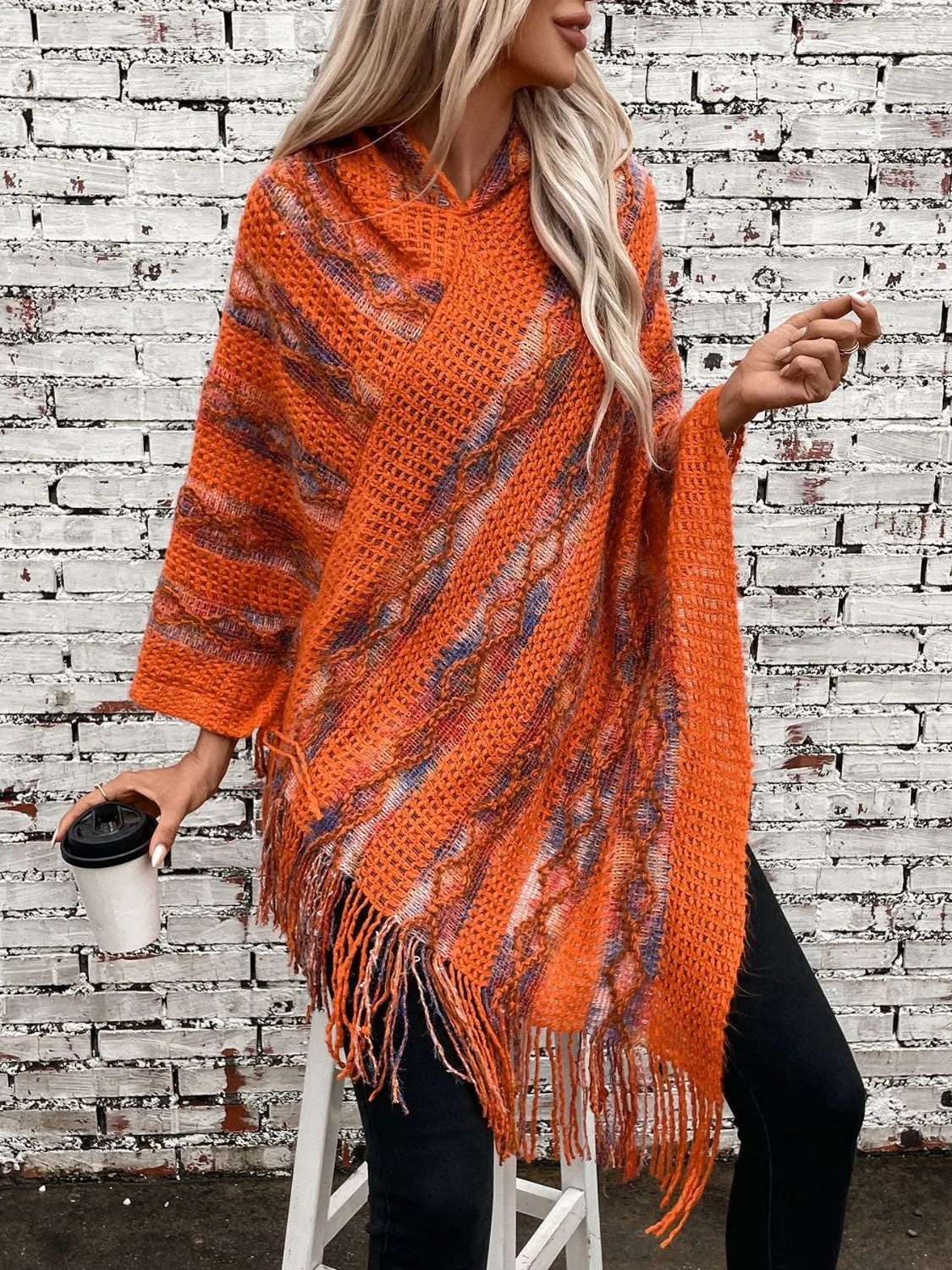 Maxct &Fringe Contrast Hooded Poncho