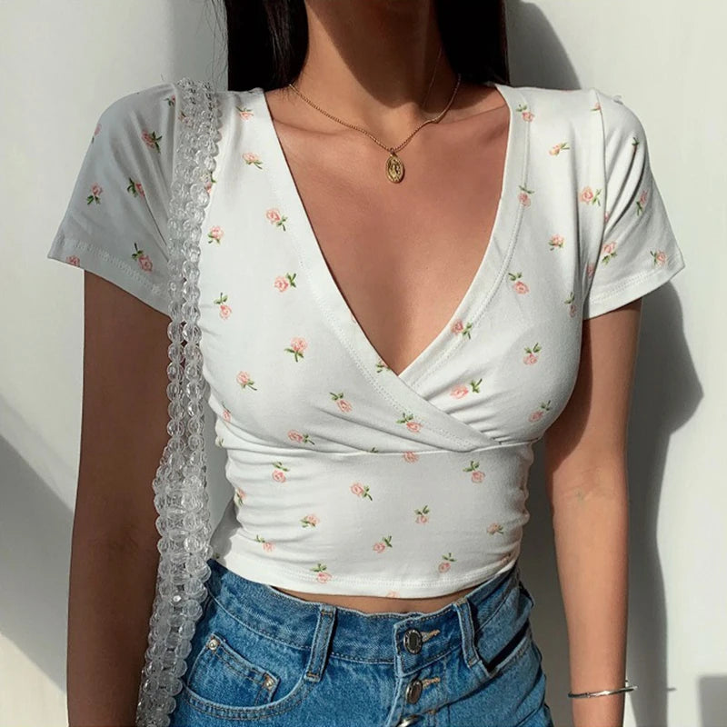 Maxct Y2K Vintage Floral Cross Crop Top T-shirt Women Cropped Slim Short Sleeve V-neck Sexy Summer Clothes Tee Shirt Femme Woman Tops