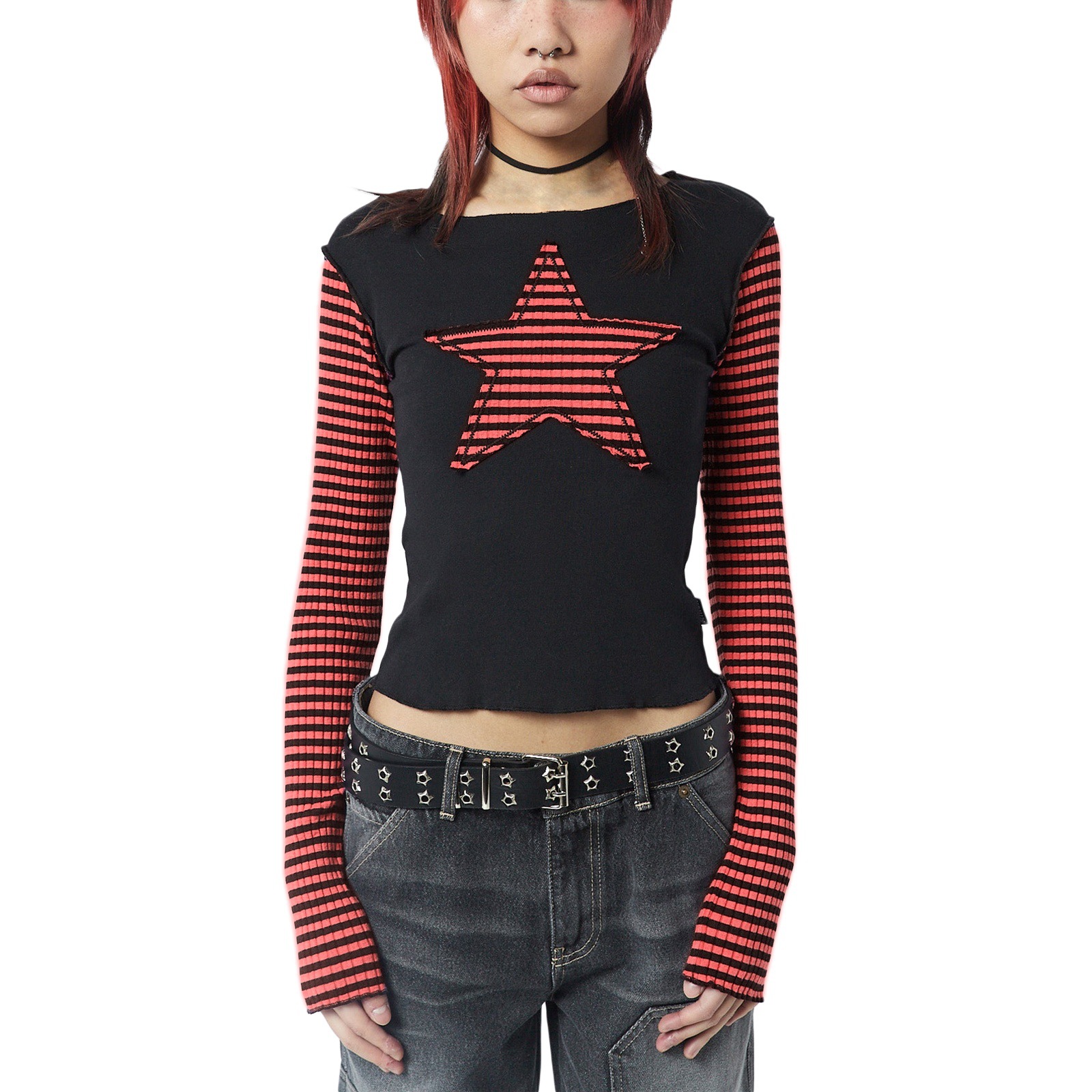 Maxct 90s streetwear Y2K Star Striped Sweet Cool Women's Long Sleeve Striped Stitching T-shirt Five-Pointed Star Embroidered Casual Top 3324