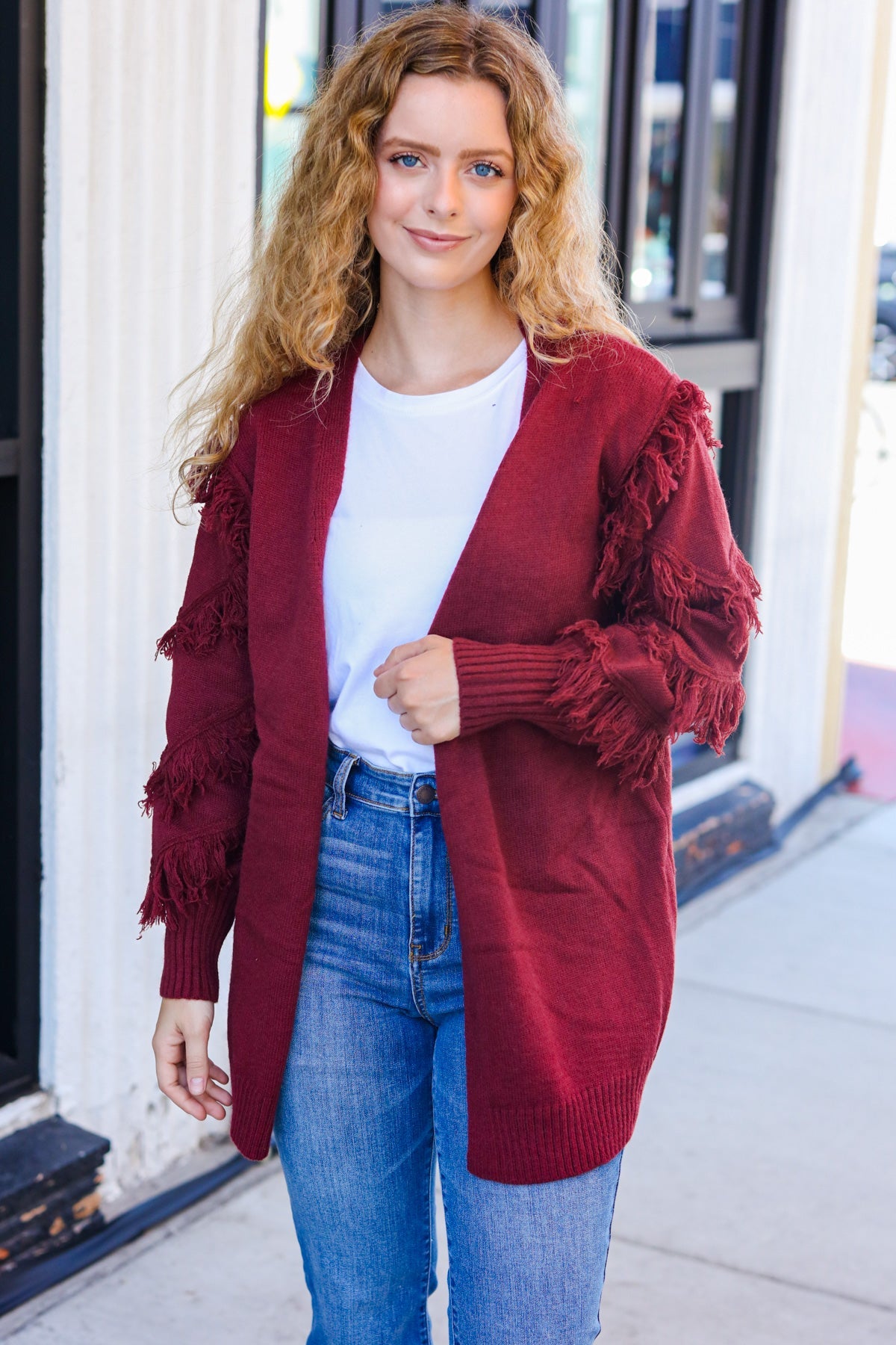 Maxct &Beautiful You Burgundy Fringe Detail Knit Cardigan