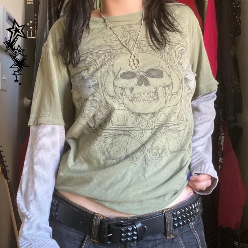 Maxct Cross Print T-shirt Women Y2K Cyber Grunge 00s Retro Harajuku Patchwork Long Sleeve Tee Gothic Mall Goth Sweats Tops