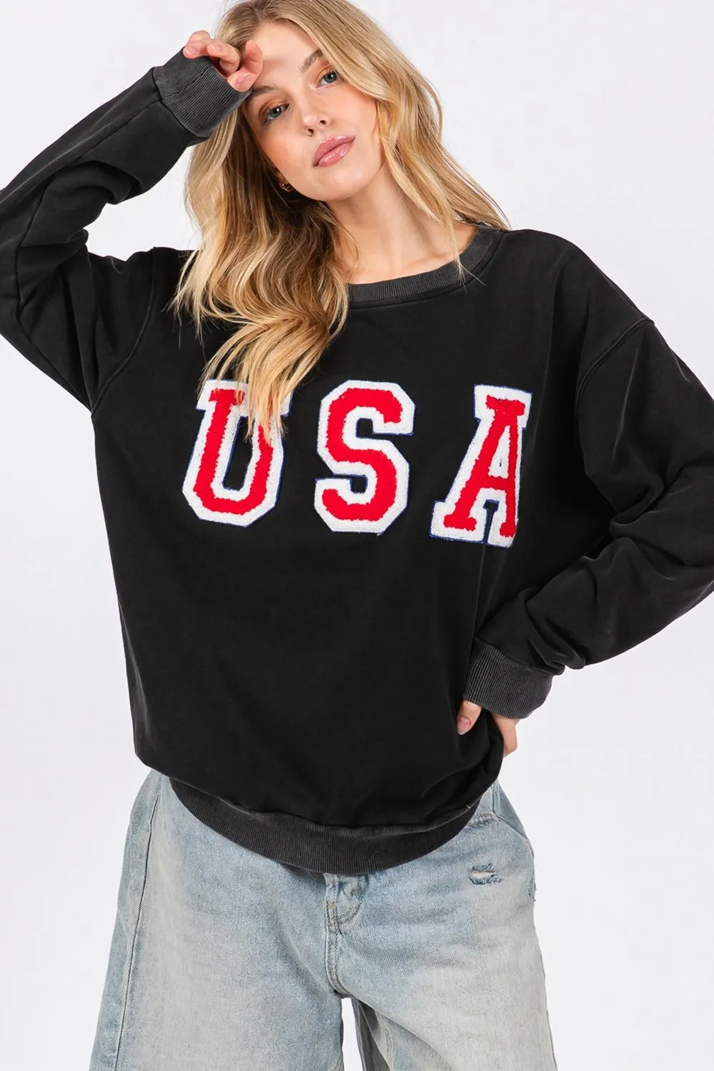 Maxct &SAGE + FIG USA Letter Patch Round Neck Sweatshirt