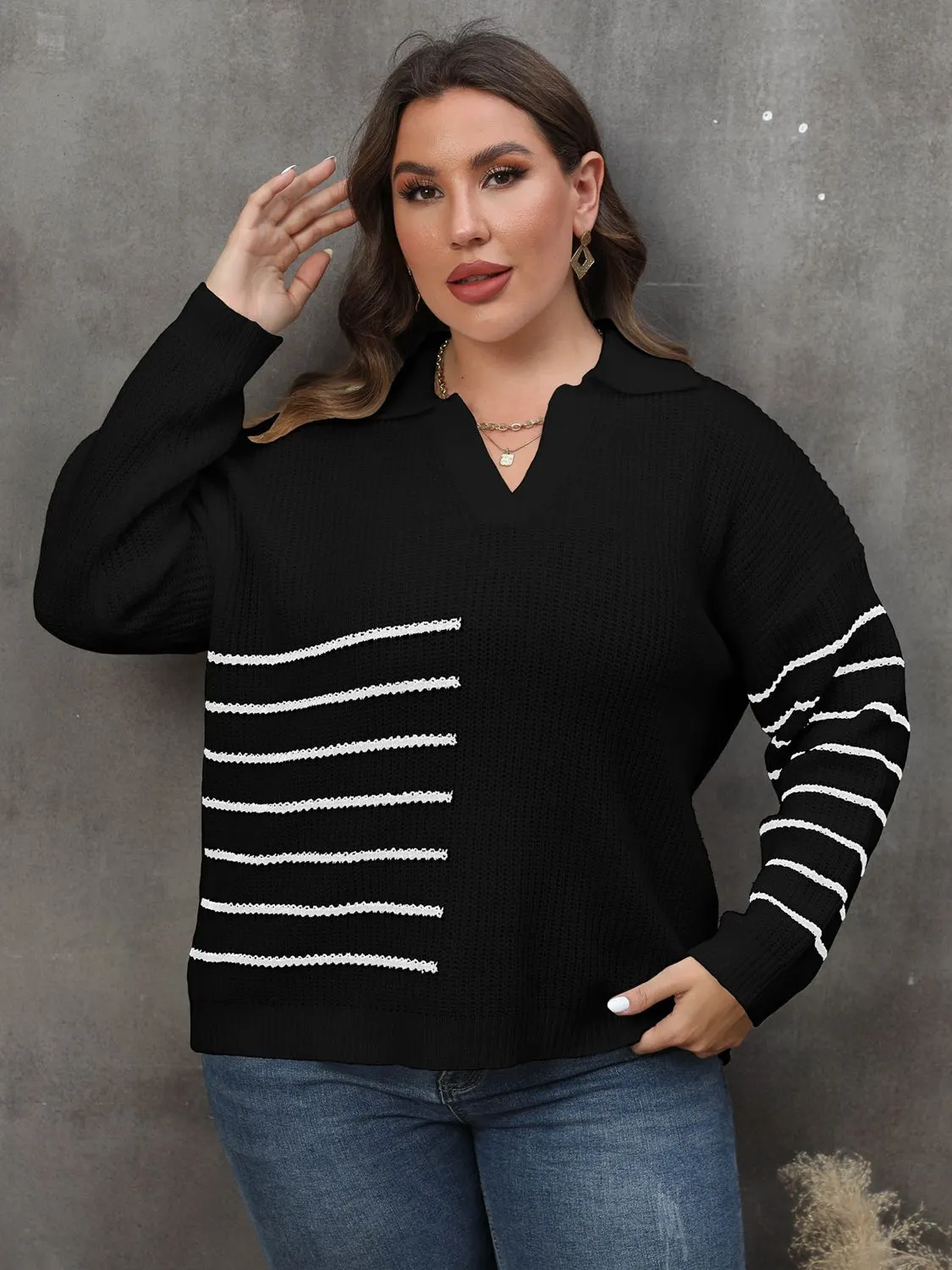 Maxct &Plus Size Striped V-Neck Sweater
