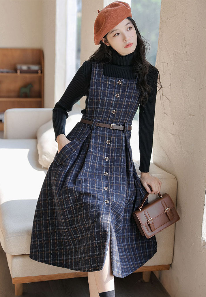Button Up Plaid Pinafore Dress Maxct