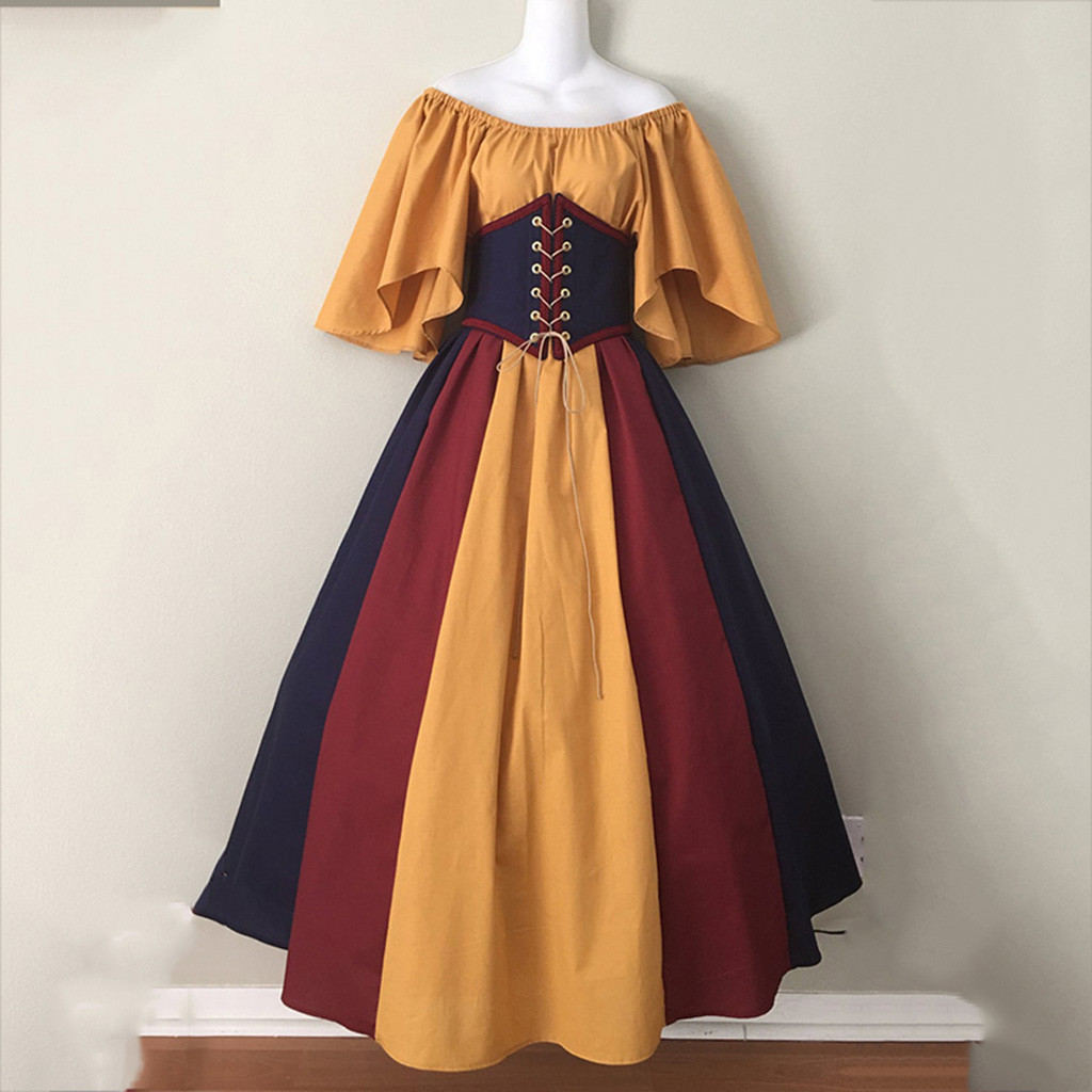 Maxct costume ideas Medieval Retro Contrast Color Slim Dress Flying Sleeve Large Swing Skirt off-Shoulder Dress Women's Cos Clothing Performance