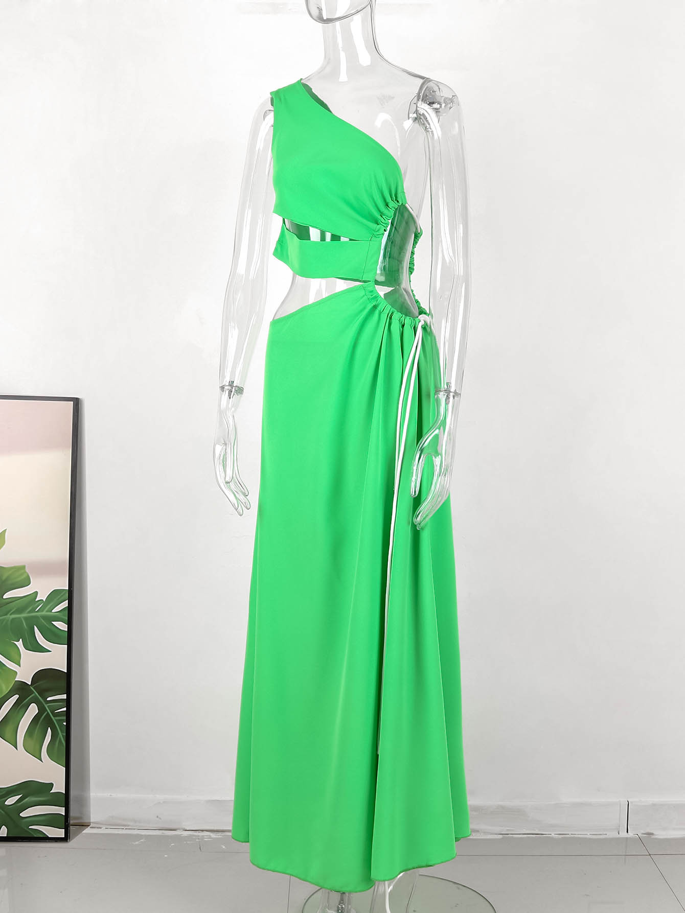 Maxct Fashion One Shoulder Green Long Dress Women Hollow Out Bodycon Summer Beach Dresses Side Split Wedding Party Vestidos Mujer