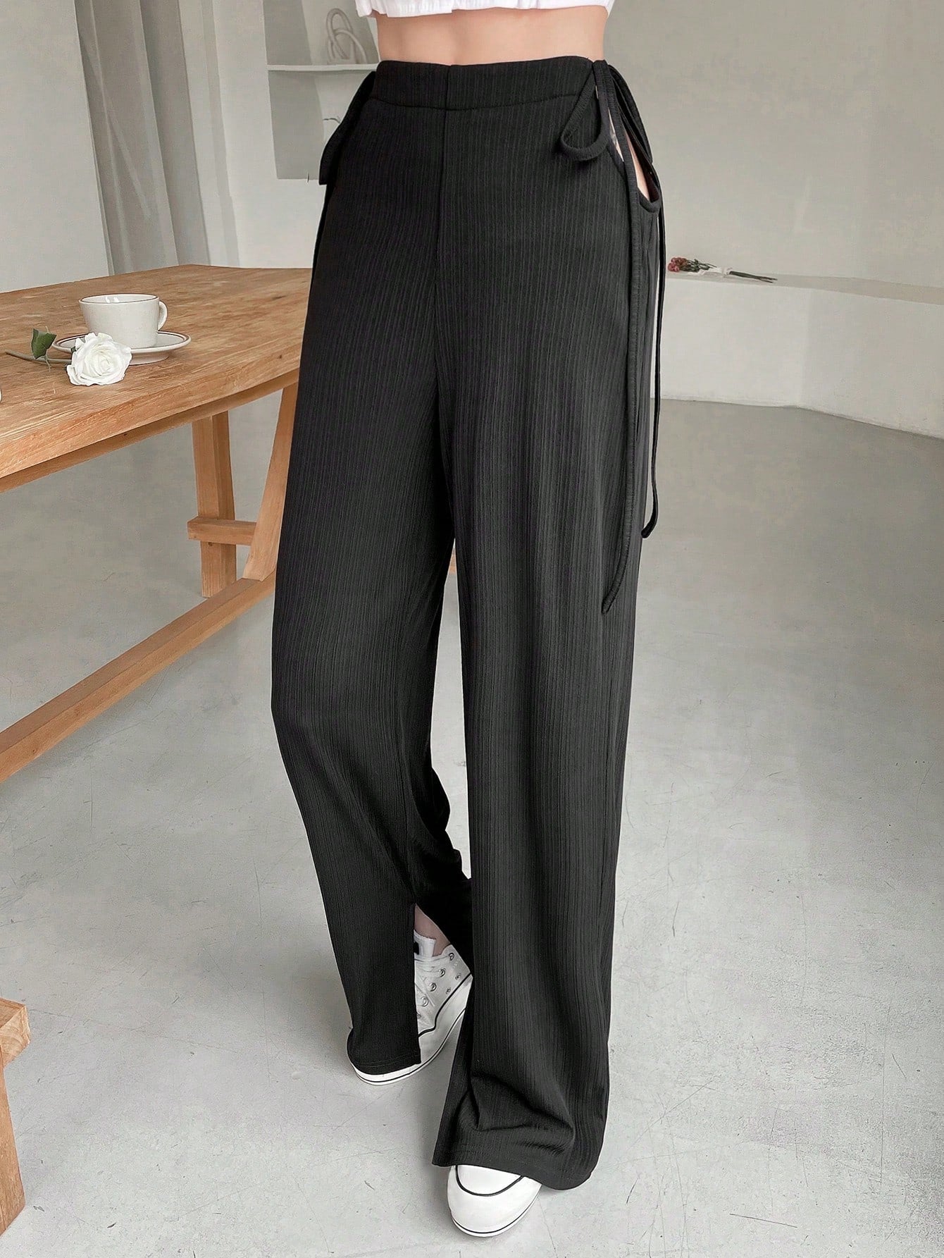 Maxct Women Double-Sided Hollow Out Design Sense Drawstring Suit Pants