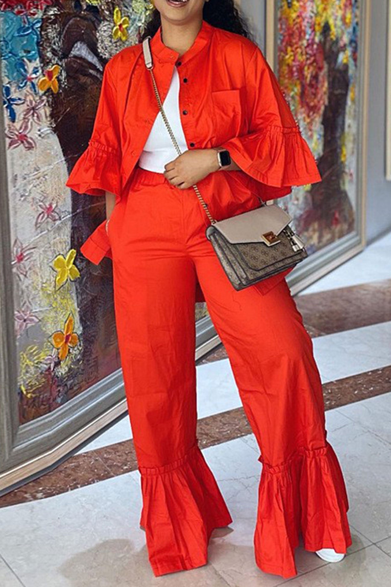 Maxct-Ruffle Half Sleeve Shirt Flares Pants Suits