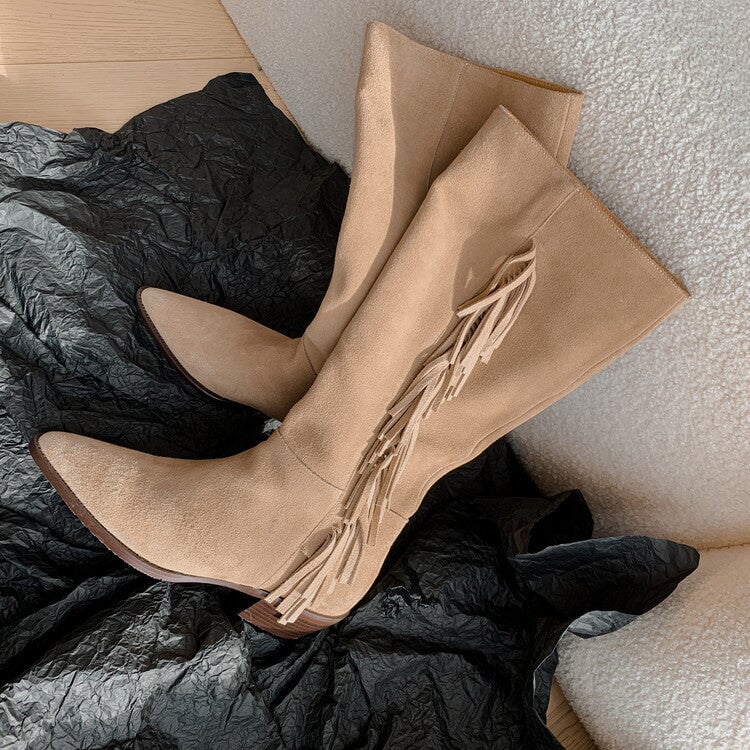 Womens Suede Knee High Boots 40mm Block Heel Tassels Cowboy Boots Maxct