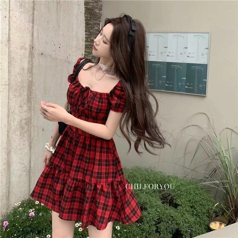 Cute Red Plaid Retro Sexy Dress Maxct