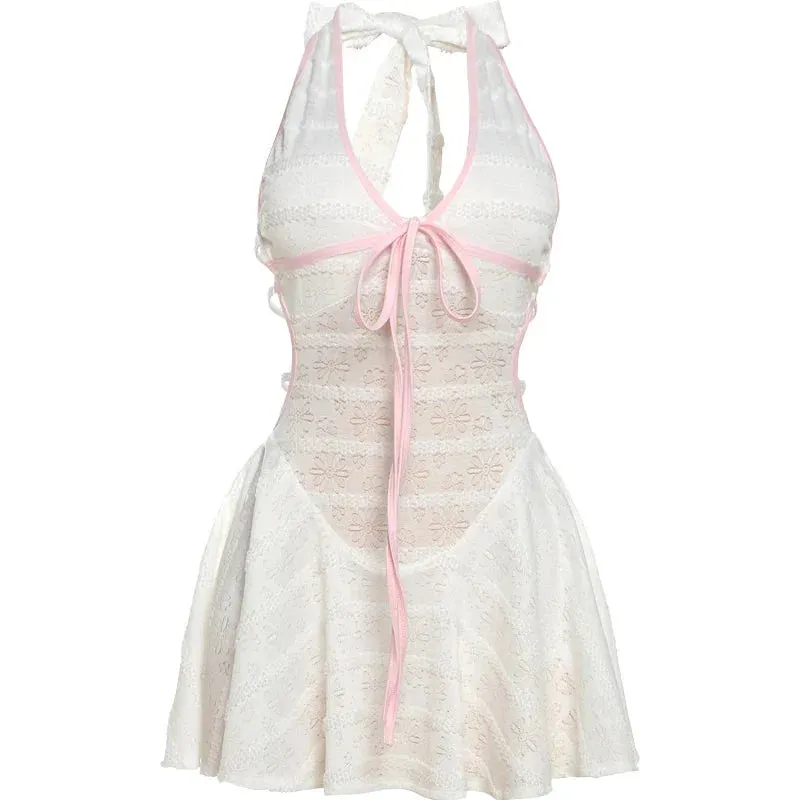 Classic Y2K Backless Dress See Through Pink Shirring Sleeveless Stretch Chic Midnight Mini Bodycon Maxct