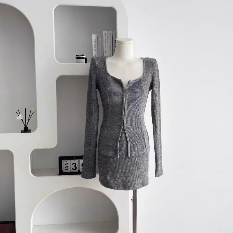 Voguable 2 Piece Dress Set Elegan Casual Long Sleeve Knitted Suits Y2k Crop Tops + Bodycon High Waist Mini Skirt Korean