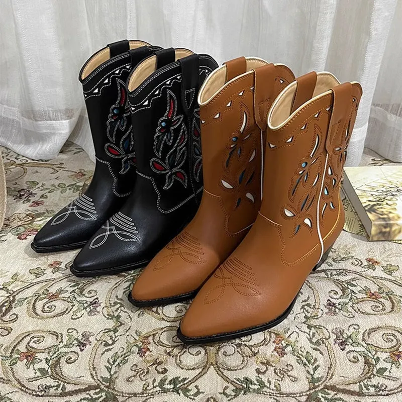 Womens Western Boots Block Heel Cut-Out Cowboy Boots All Genuine Leather Maxct