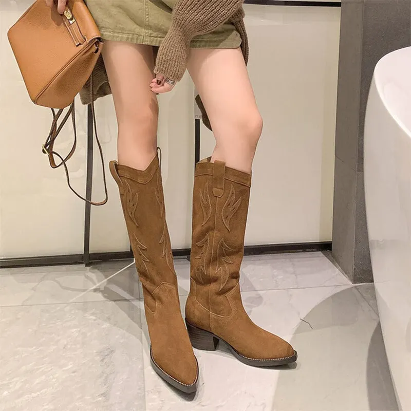 Women's Suede Western Embroidered Knee High Boots Block Heel - Black/Brown Maxct