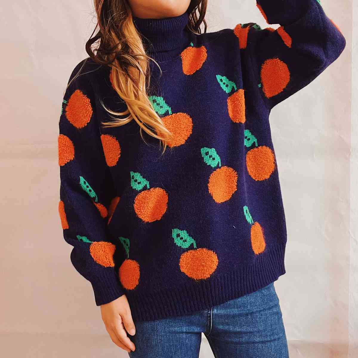 Maxct &Fruit Pattern Turtleneck Dropped Sweater