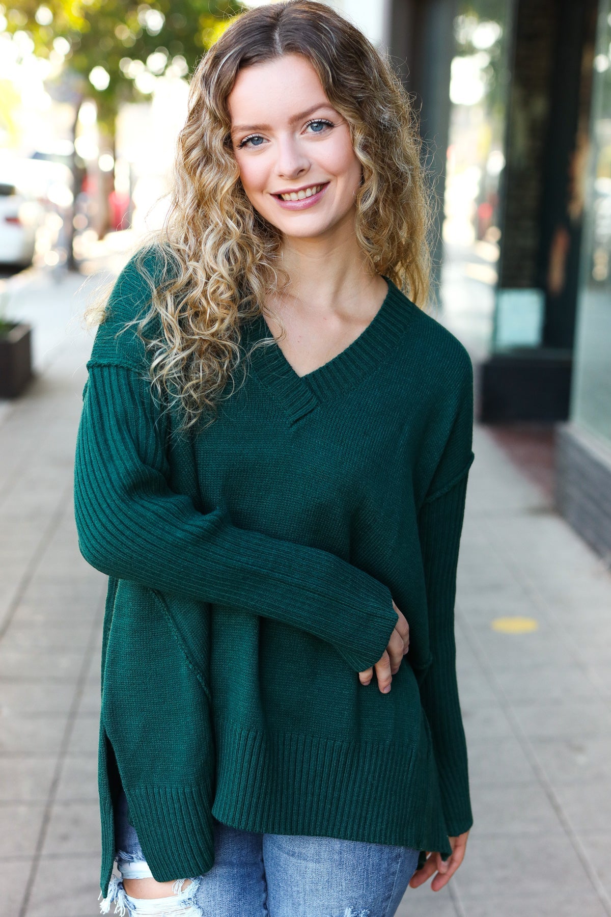 Maxct &Casual Chic Hunter Green Oversized V Neck Rib Knit Sweater