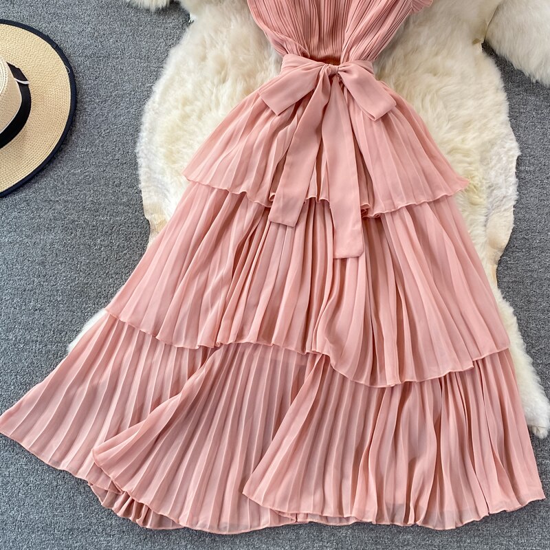 Women's Purple/Pink/Green Draped Dress Vintage Ruffle Stand Collar Sleeveless High Waist Party Pleated Vestidos Female New