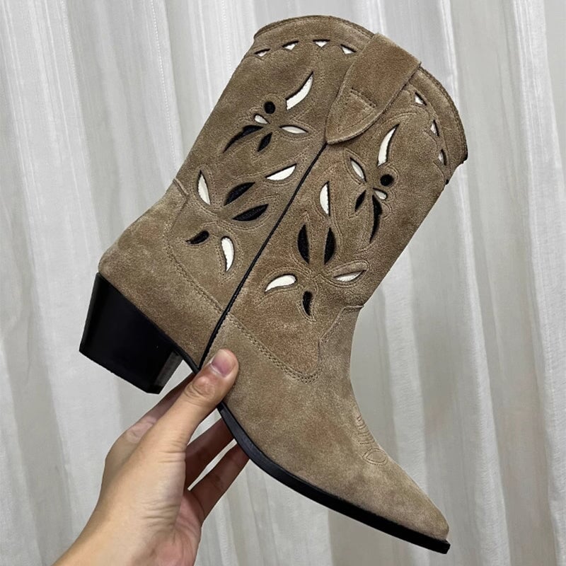 Womens Western Boots Block Heel Cut-Out Cowboy Boots All Genuine Leather Maxct