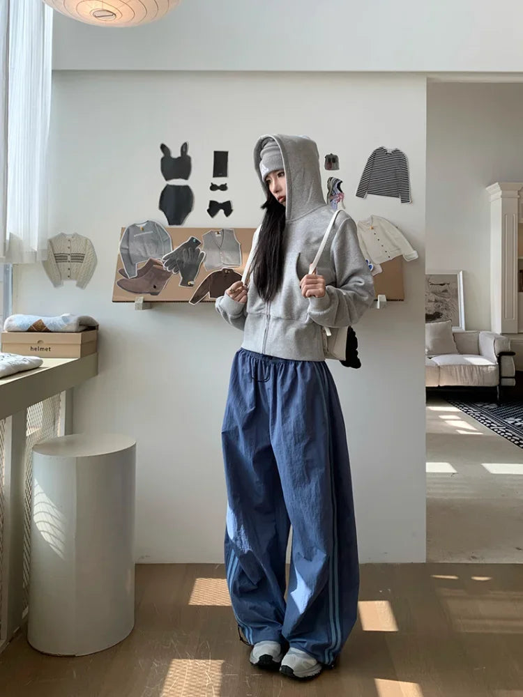 Maxct Grey Cropped Hoodies Zip Up Long Sleeve Sweatshirt Cardigan Oversized Autumn Fashion Wide Leg Track Pants Two Piece Sets