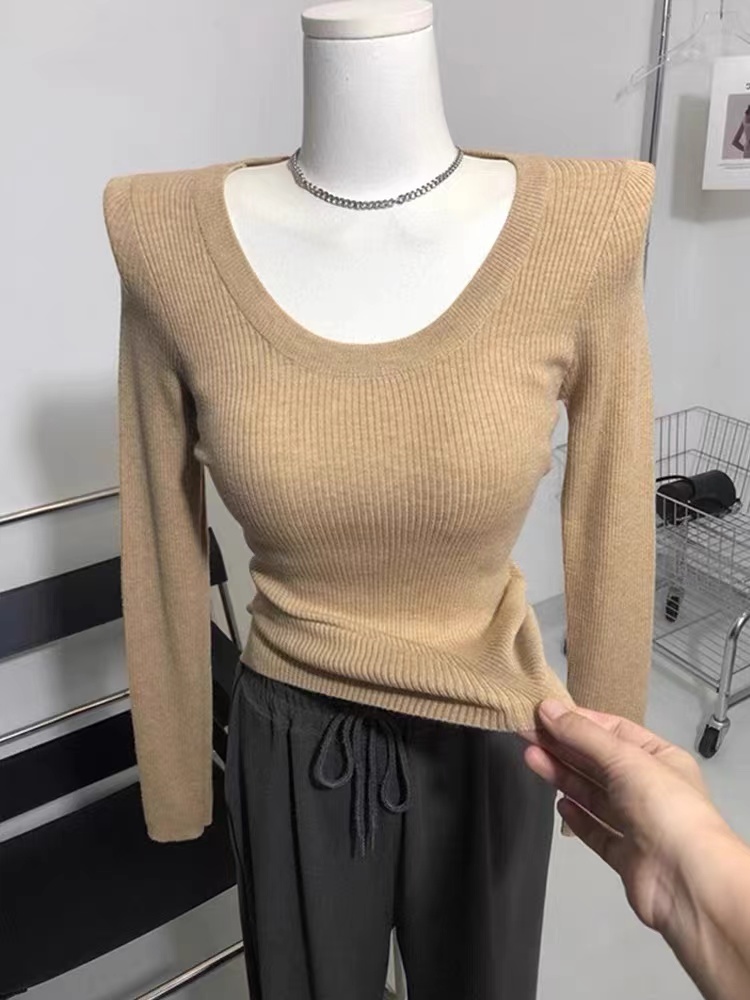 Maxct Photos U-neck Knitted Sweater For Women's Autumn Long Sleeved Top Girls Simple Base Jumper GT8311