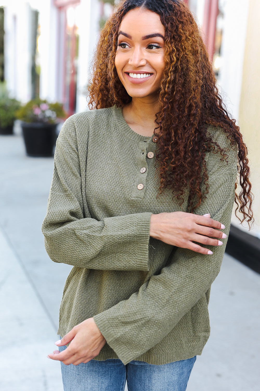 Maxct &Beautiful You Moss Green Button Down Ribbed Sweater