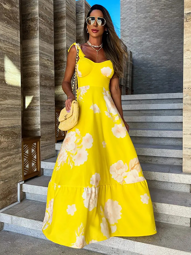 Maxct Floral Printed Yellow Dresses For Women Elegant Sleeveless Long Dress Holiday Lace Up Robe Summer Bodycon Vestidos Feminino