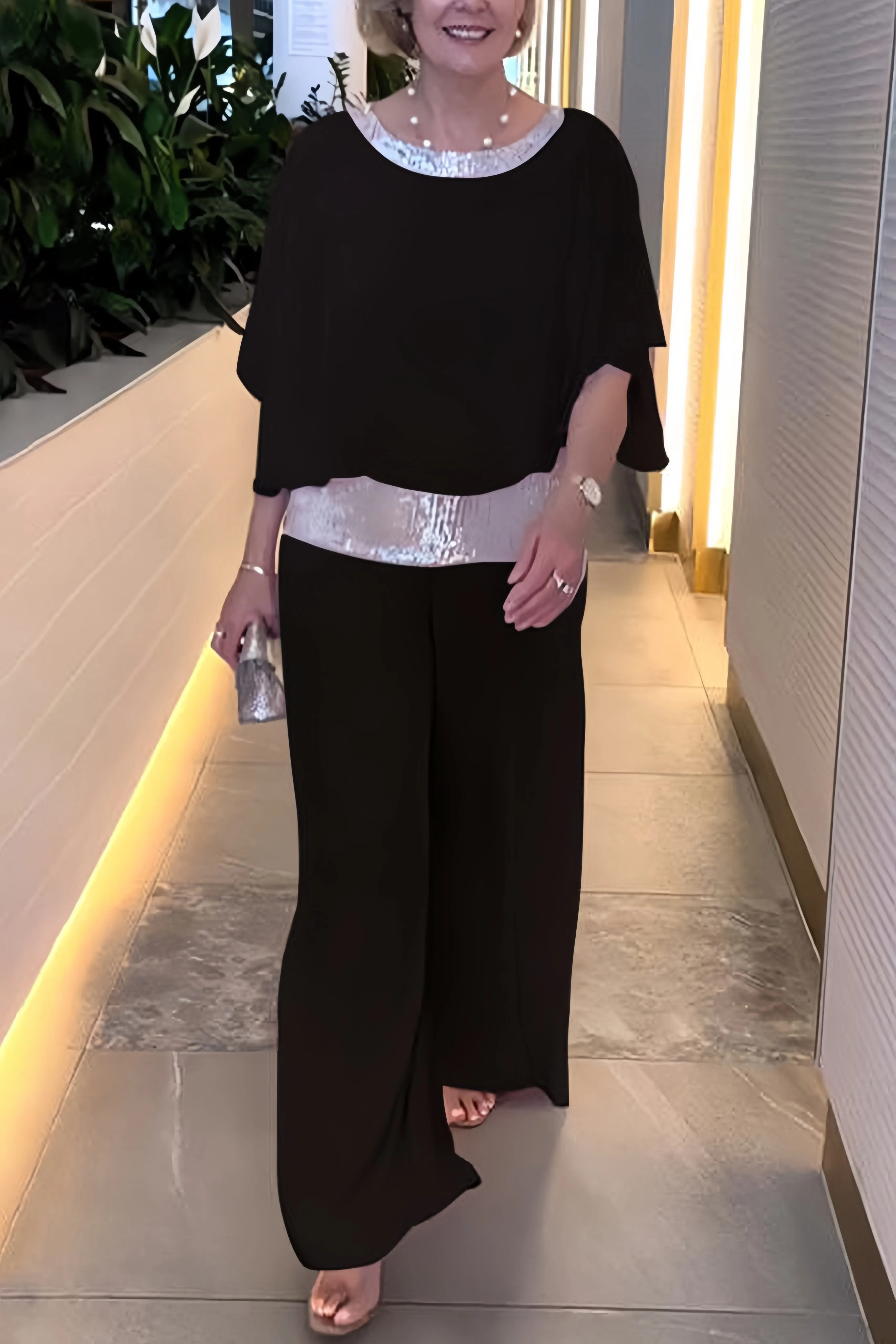 Maxct Sequins Patchwork Bat Sleeve Tops Pants Suits