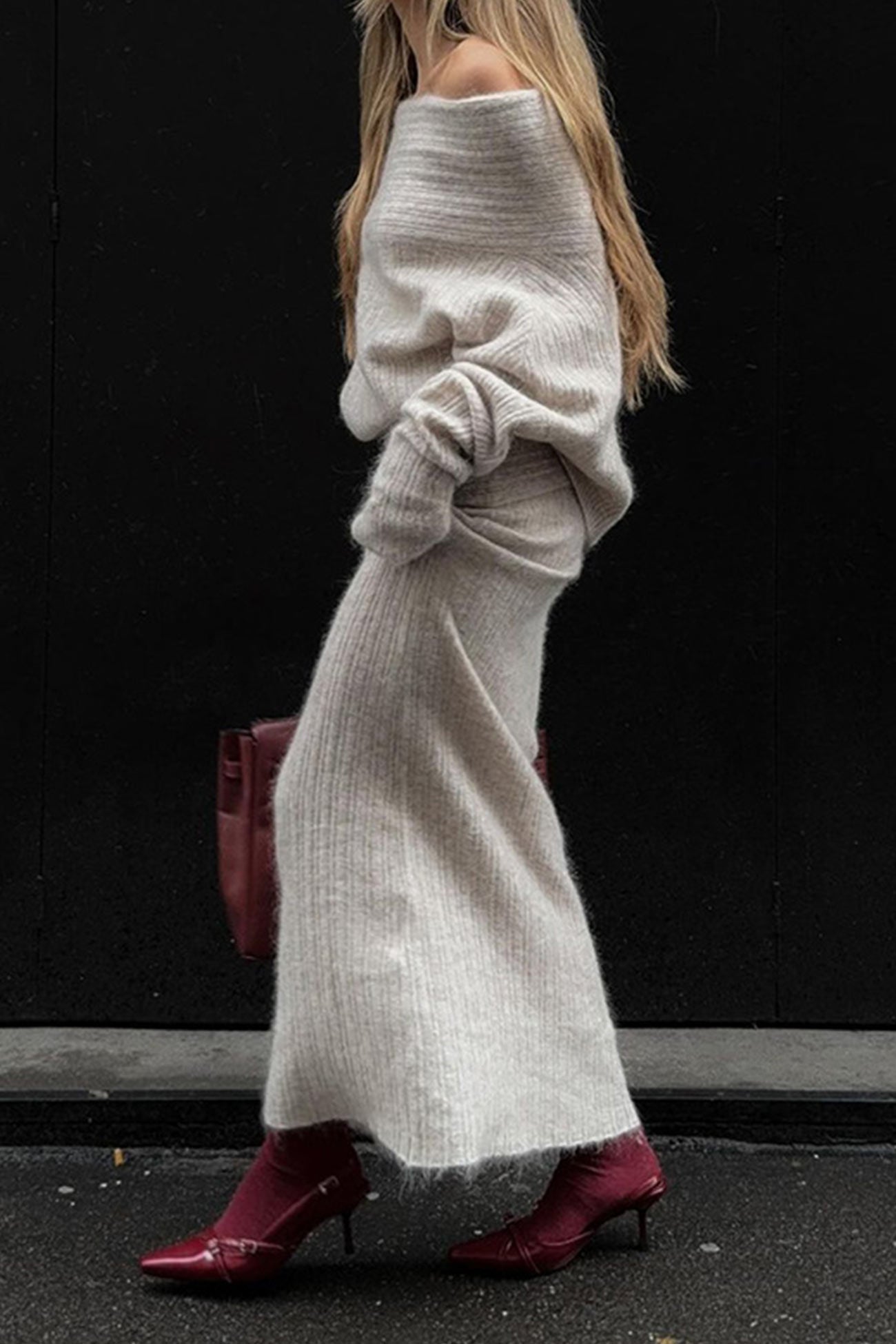 Maxct-Off-Shoulder Sweater Midi Skirt Suits