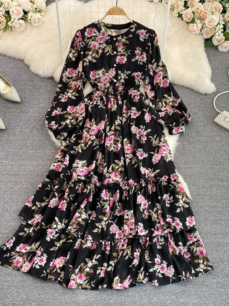 Vintage Floral Chiffon Long Dress Elegant O-Neck Puff Sleeve High Waist A-Line Ruffle Hem Vacation Beach Maxi Vestidos