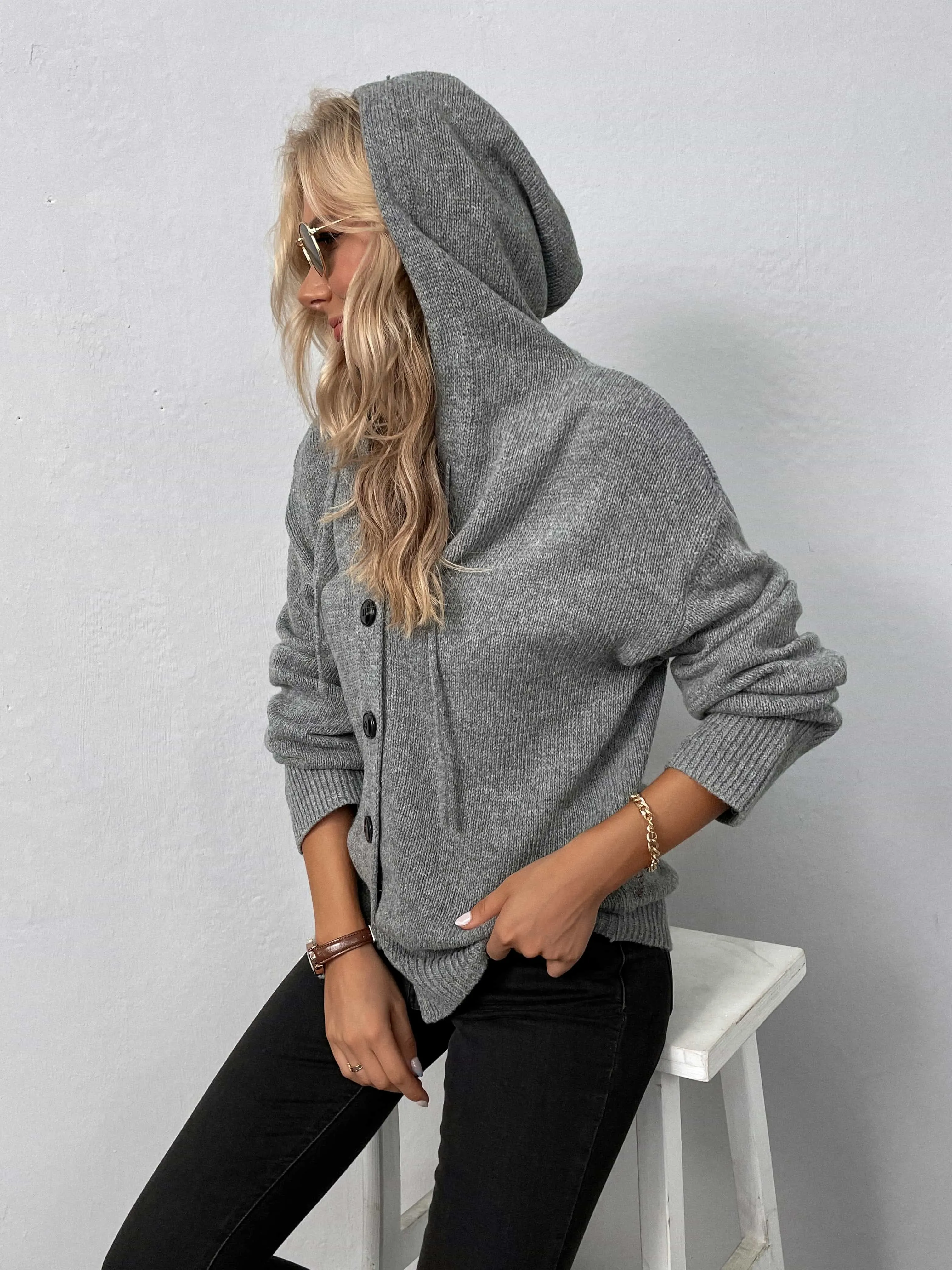 Maxct &Button-Down Long Sleeve Hooded Sweater