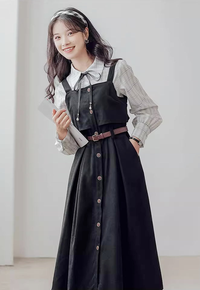 Suede Button Up Cami Pinafore Dress Set Maxct
