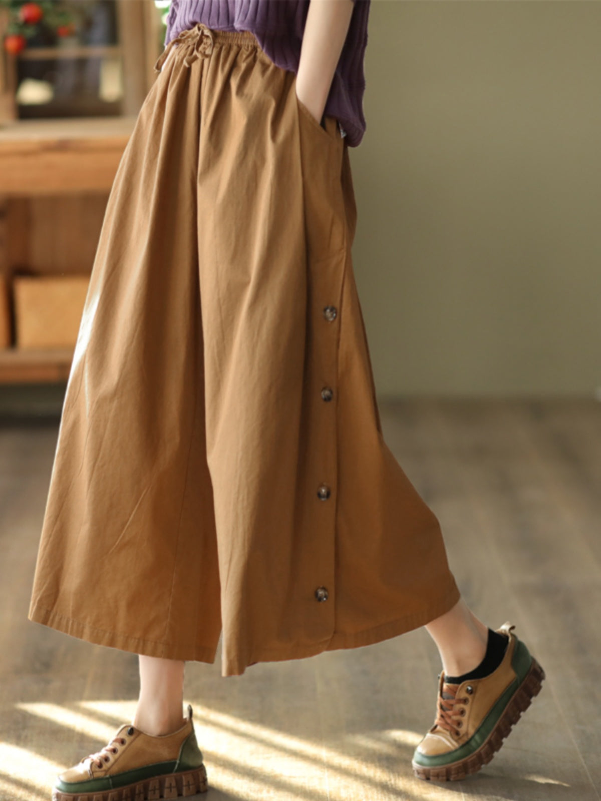 Loose Wide-Leg Side Buttons Cotton Linen Casual Pants for Women