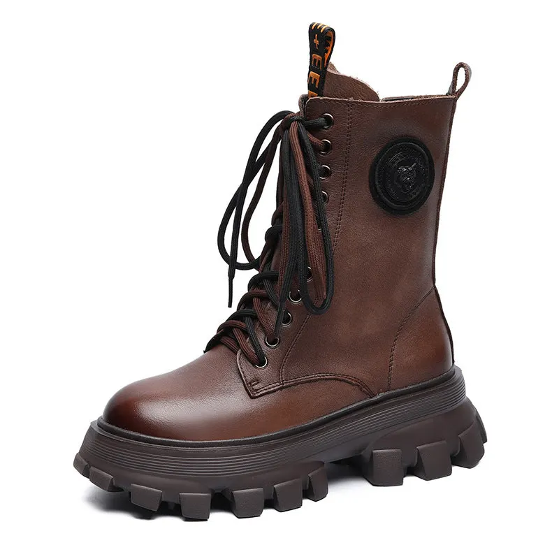 Retro Classic Chunky Heel Leather Mid-Calf Boots for women
