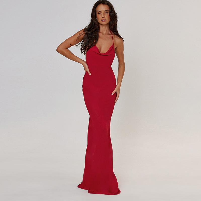 Maxct Women's Clothing 2024 Spring New Fashion Solid Color Hip Sexy Hollow Backless Neck Long Dress Women