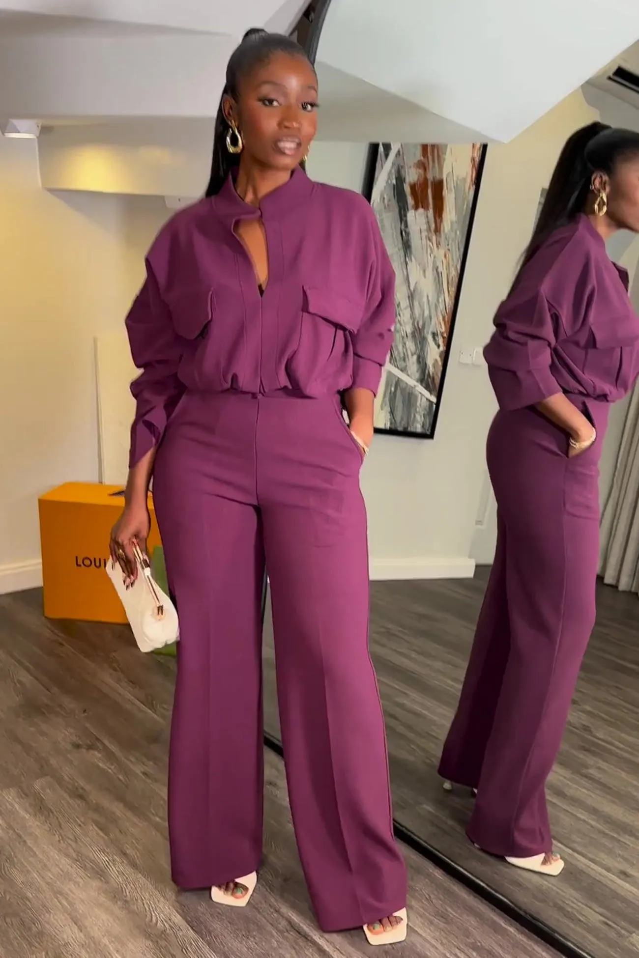 Maxct-V Neck Blouse Wide Leg Long Pants Suits