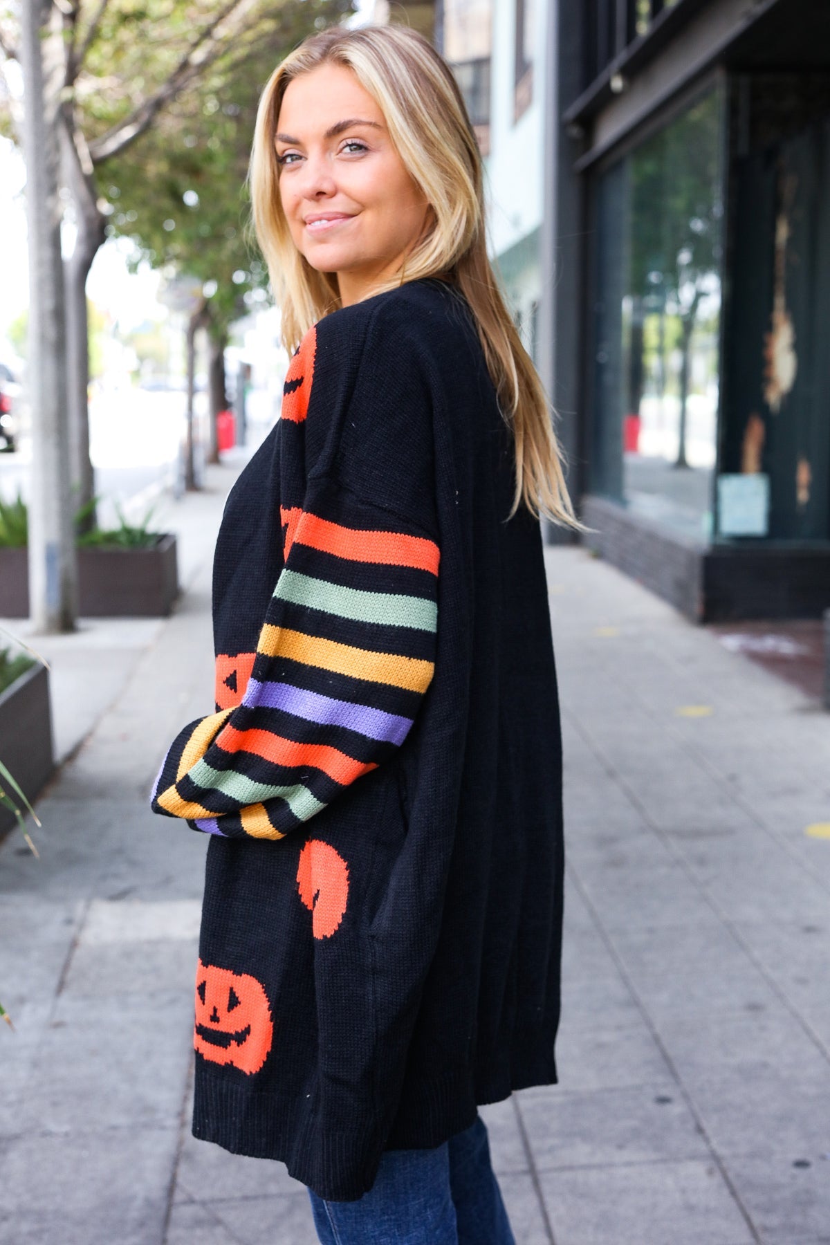 Maxct &Pumpkin Multicolor Stripe Jacquard Knit Open Cardigan