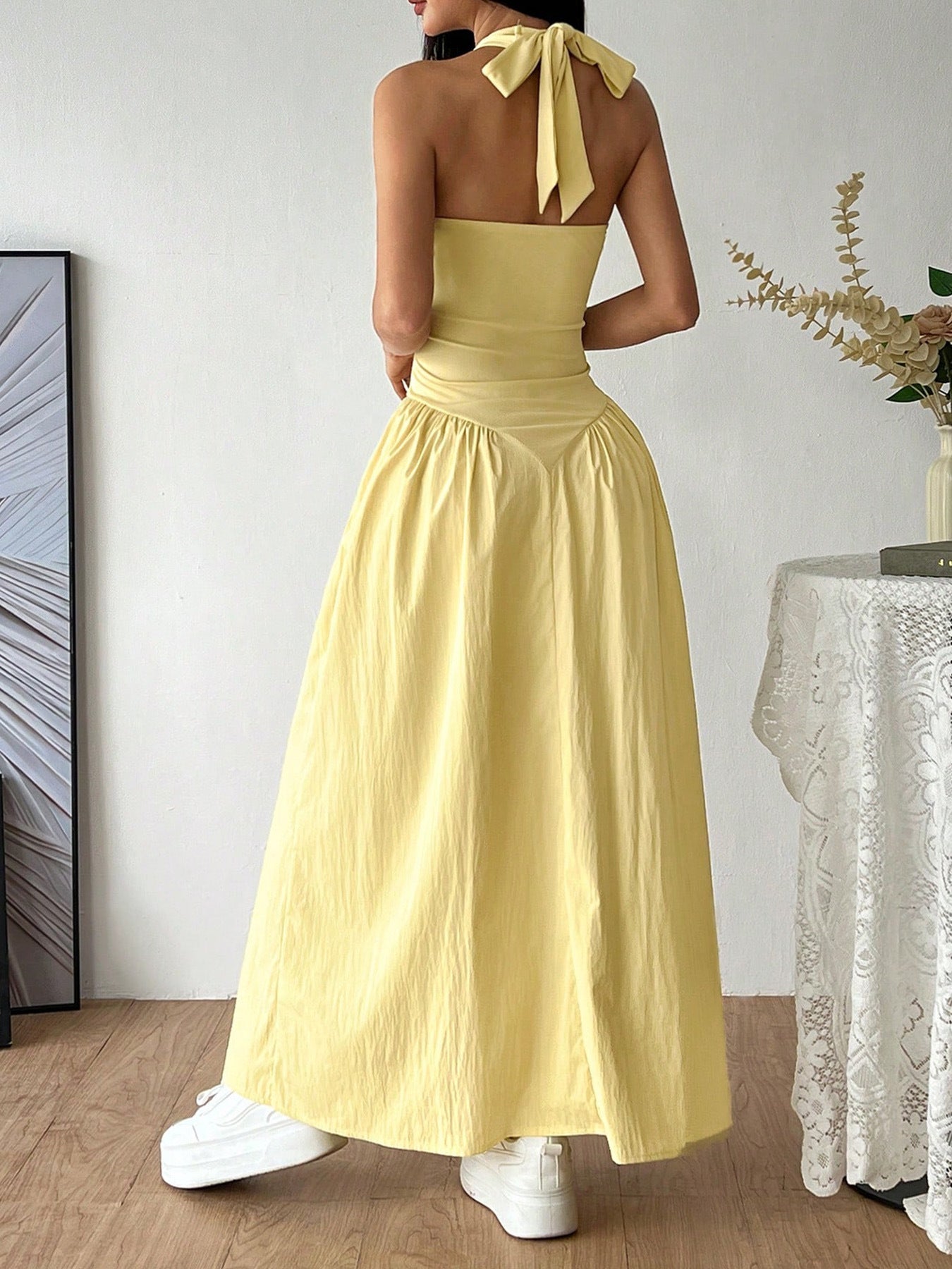 Yellow Slim Sleeveless Casual Everyday U-Neck Halterneck Dress