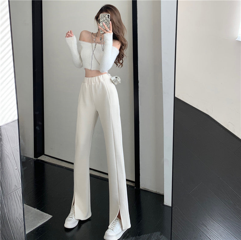 Causual Chic Comfy Velvet Long Wide Leg Gathered Waist Pants Maxct