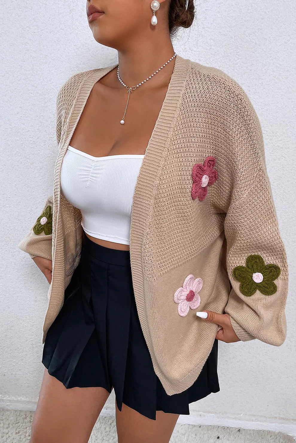 Maxct &Floral Applique Drop Shoulder Open Front Cardigan