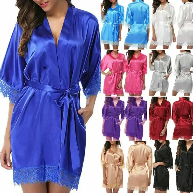 Maxct Women Night Gown Satin Robe Bathrobe Satin Nightgown Halt Sleeve Pajamas Lingerie Night Mini Dress Lace Sexy Sleepwear hot sale