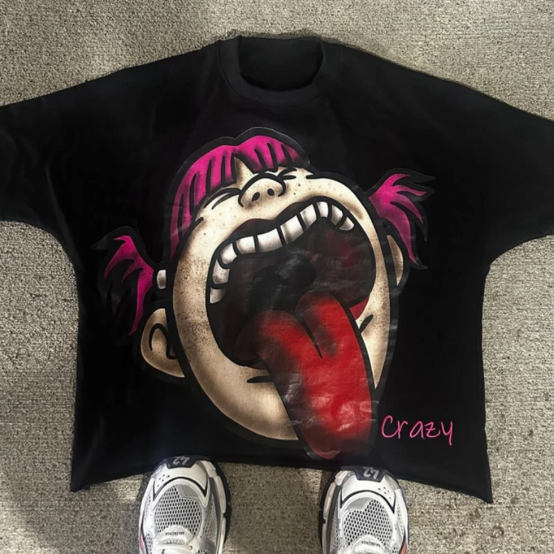 Maxct New round neck fashionable men retro pattern printed T-shirt Harajuku casual cotton Y2K couple top graphic t shirts